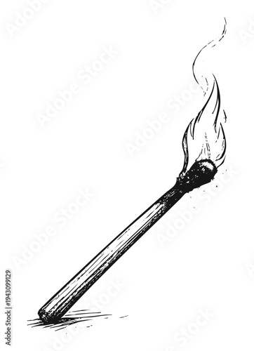 Burning Match Line Art Vector Illustration Isolated on Transparent Background