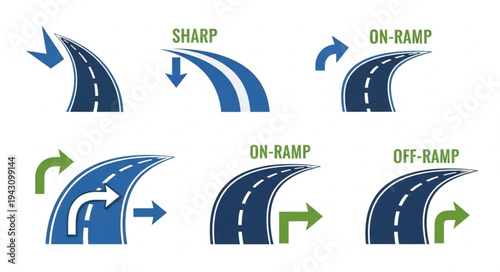 Road Sign Illustrations - Sharp Turn, On-Ramp, and Off-Ramp Designs.