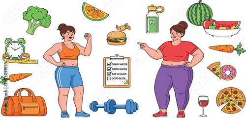 PrintHealthy Lifestyle vs Unhealthy Lifestyle Concept with Overweight and Fit Women, Exercise Equipment, Healthy Food and Junk Food Comparison Illustration