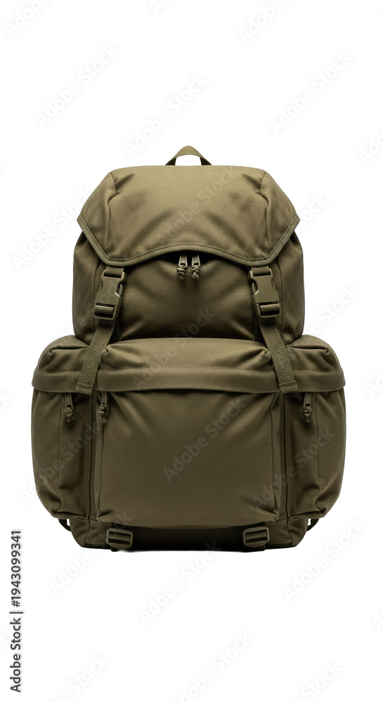 Naklejka premium A modern olive green backpack with multiple compartments and straps, perfect for travel or outdoor adventures