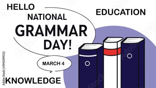 Three dark blue bound volumes stand next to swirling text promoting knowledge and education for National Grammar Day.