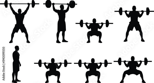 Silhouette illustration of athlete performing barbell weightlifting exercises including squats, overhead press, and strength training poses for fitness, gym 