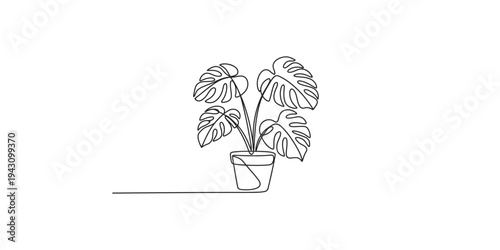 Monstera deliciosa houseplant in a pot drawn with a single continuous line indoor plant potted