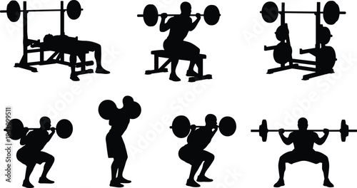 Silhouette illustrations of athletes performing barbell weightlifting exercises including squats, bench press, and strength training positions for fitness, bodybuilding, and gym workout concepts