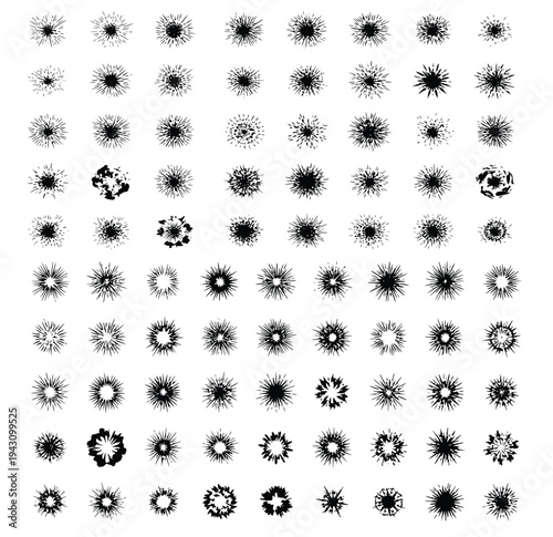 A collection of one hundred black and white abstract circular ink blot shapes displays varied spiky and organic textures.