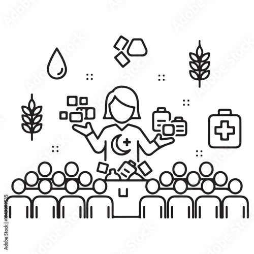 Humanitarian aid worker distributing food and medical supplies to a crowd of people in a crisis zone, featuring Red Crescent and medical symbols in a clean line art icon illustration.