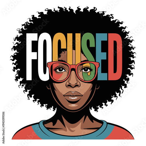 A focused African American woman with colorful glasses and afro hairstyle