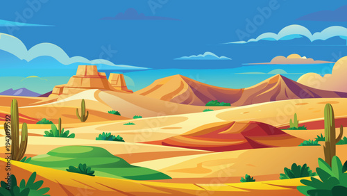 Vibrant cartoon desert panorama displays colorful rock formations and scattered green cacti under a deep blue sky.