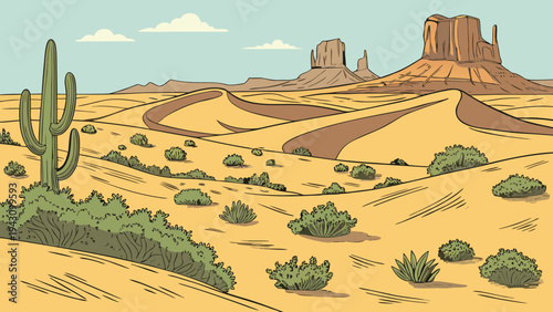 A stylized desert landscape features a large saguaro cactus and distant mesa formations under a pale sky.