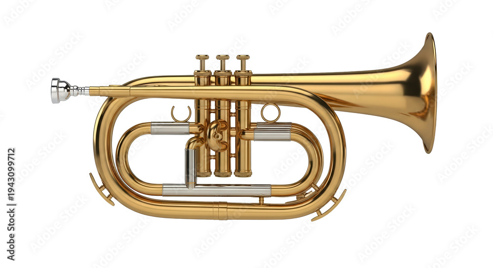 Obraz premium A golden cornet set against a bright backdrop, perfect for showcasing the instrument's intricate details and brilliant finish.