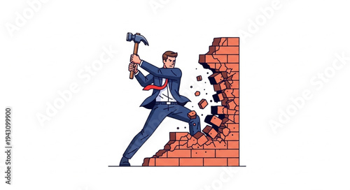 Man in Suit Breaking Brick Wall.