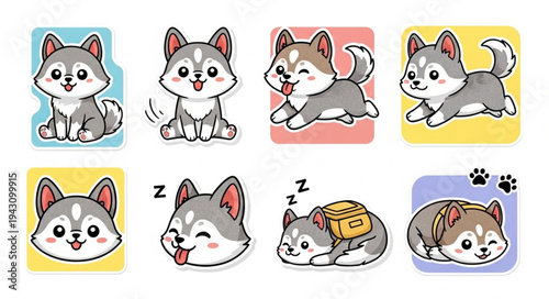 Adorable Husky Puppy Cartoon Stickers - A Collection of Playful Poses.