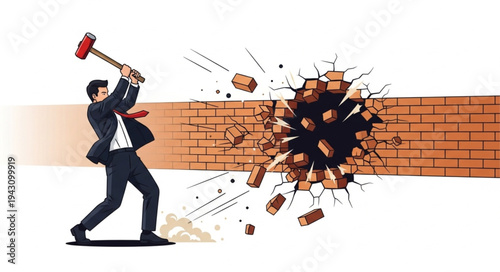 Man in Suit Breaking Brick Wall.