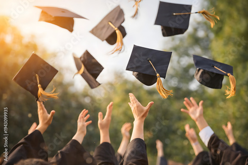 Graduation caps thrown in air celebration, university students success moment ceremony, academic achievement milestone education concept, happy graduates tossing mortarboard hats outdoor, college comp