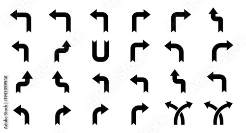 Set of Black Arrow Icons Pointing in Different Directions.