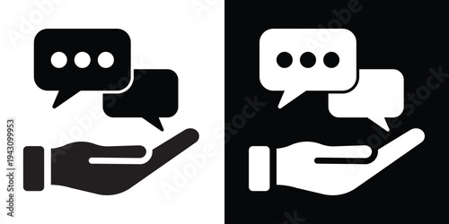 Human hand holding speech bubble icons. Minimalist vector illustration symbolizing customer service, chat support, communication assistance, and social media feedback.
