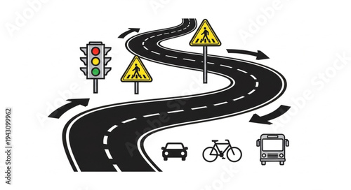 Road Safety Illustration - Traffic Signals, Signs, and Vehicles on a Winding Road.
