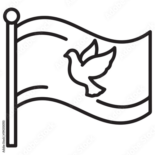 Minimalist peace flag icon featuring a flying dove symbol waving on a flagpole, representing global harmony, anti-war movements, and diplomatic hope in clean black line art style.