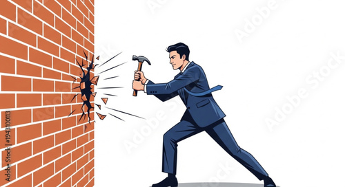 Man in Suit Breaking Brick Wall.