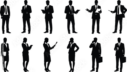 Silhouettes of diverse business professionals in formal corporate attire, men and women standing with briefcases, documents, mobile phones, coffee cups, and handbags in office poses