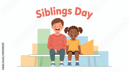 Siblings day cartoon illustration of happy brother and sister sitting on bench with colorful blocks background
