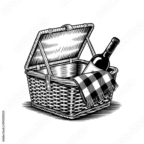 A picnic basket illustration with a bottle of wine inside