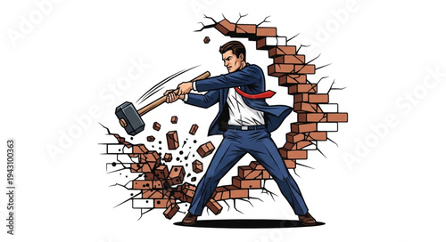 Man Breaking Wall with Sledgehammer.
