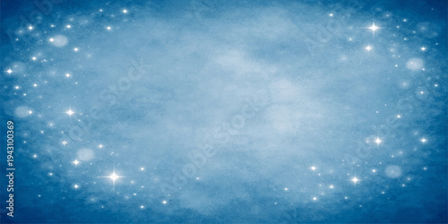 An abstract blue Christmas background featuring a bright sky filled with white clouds and snowflakes creates a heavenly atmosphere of sunlight and nature