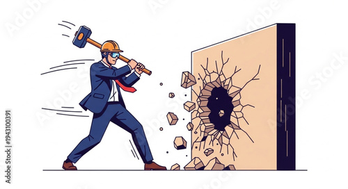 Man Breaking Wall with Sledgehammer.