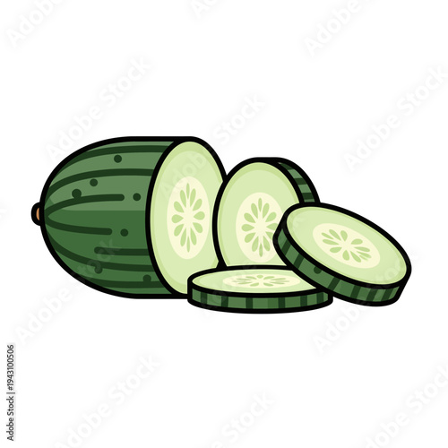 A whole cucumber cut in half with several slices of cucumber next to it, all in a cartoonish style.