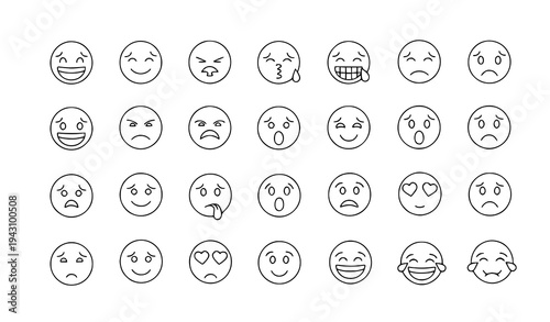 Hand drawn emoji outline vector set with 32 communication emotion icons isolated on whiteHand drawn emoji outline vector set with 32 communication emotion icons isolated on white