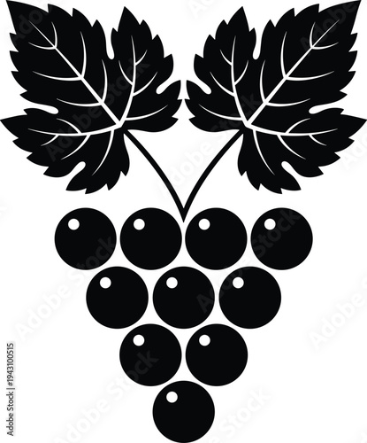 Stylized black silhouette of grape cluster with glossy highlights and detailed leaves, symbolizing vineyard harvest, wine production, agriculture, and organic fruit design illustration