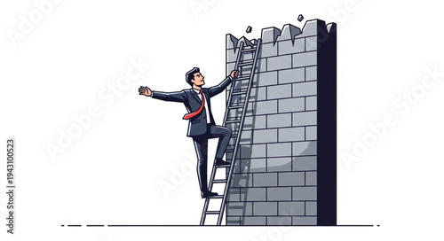Man Climbing Ladder on Castle Wall.
