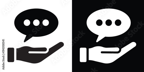 Human hand holding speech bubble icons. Minimalist vector illustration symbolizing customer service, chat support, communication assistance, and social media feedback.