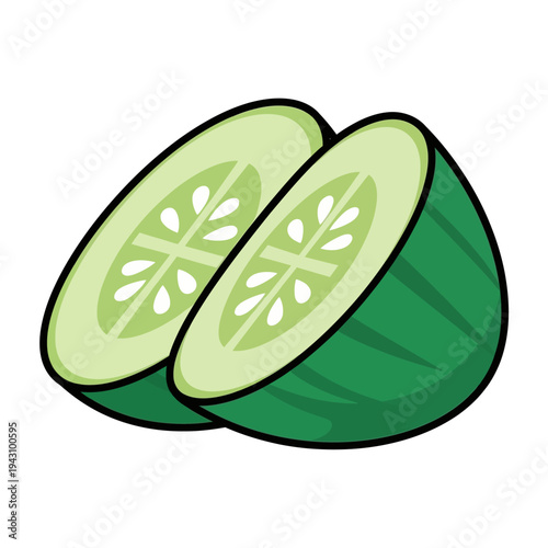 Two fresh green cucumber slices, cut in half, showing the light green flesh and white seeds, isolated on a white background in a cartoon style.