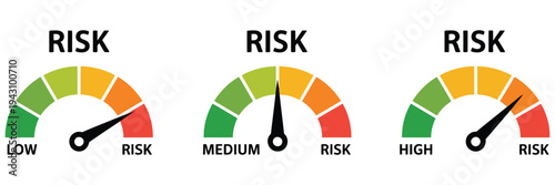 Risk indicator gauge icon, displaying low, medium, and high levels in a vector style, suitable for dashboards, analytics applications, business reports, and infographic visual communication.