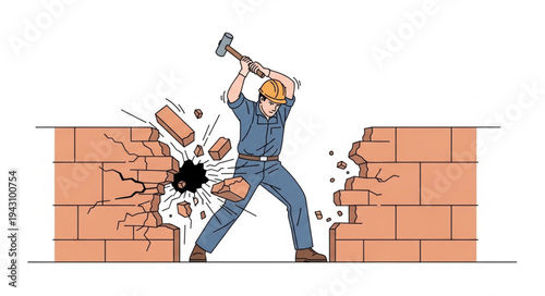 Man Demolishing Brick Wall with Sledgehammer.