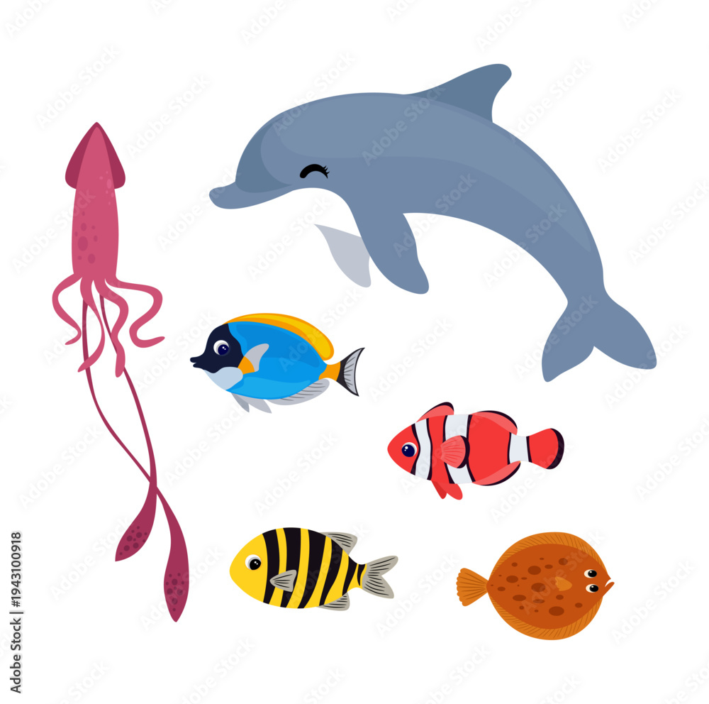 Obraz premium Colorful Tropical Sea Creatures Illustration Set