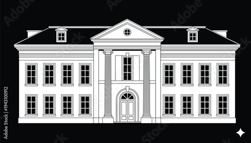 Symmetrical neoclassical building illustration with triangular pediment, columns, dormer windows, and classical architectural details in black and white high-