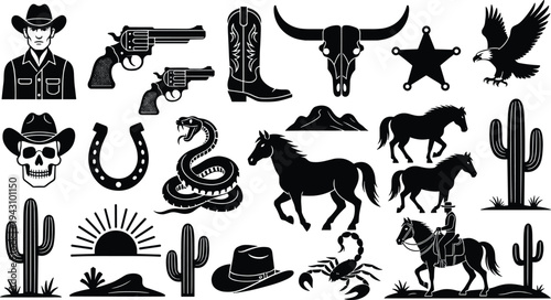 Wild West cowboy silhouettes with revolvers, horses, cacti, rattlesnake, sheriff badge, skull, eagle, desert sunset, scorpion, boots, hat, and longhorn skull illustration