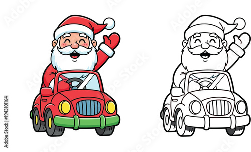 Cute cartoon Santa Claus driving a red retro car and waving. Colorful illustration and black and white line art vector for kids coloring book page.
