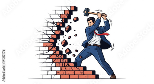 Man in Suit Breaking Brick Wall.