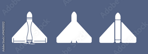 Military drones silhouette set different models isolated white aircraft shapes on blue background modern unmanned aerial vehicle icons