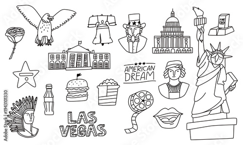 Hand-drawn line art symbols of the country. Statue, bird, Columbus, and hamburger. Black drawing on a white background, vector illustration.