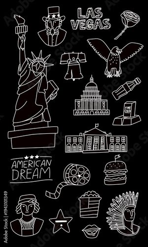 Portrait, bird, food, buildings, and statue. White drawing on a black background, vector illustration. Country symbols, hand-drawn line art.