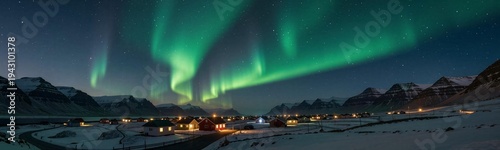 Aurora Borealis Over a Snowy Village at Night