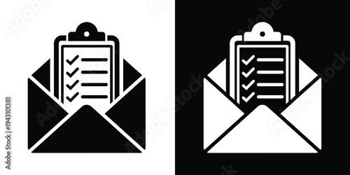 Open envelope with a clipboard checklist inside. Professional vector graphic for email surveys, newsletter feedback, digital reporting, and task notification alerts.