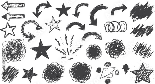  Hand drawn crayon scribble element set with sketch arrows, scribbled stars, random curves, messy swatches. Chaotic grunge marks, sketched confetti, children chalk drawing. Vector illustration
