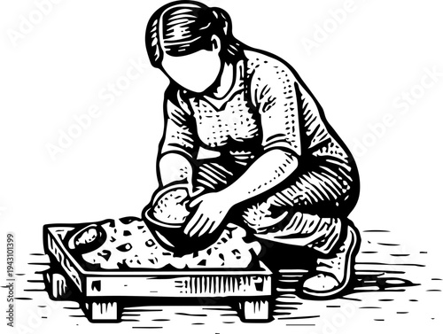 Woman Straining Coconut into Coconut Milk Illustration