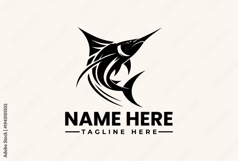 Fototapeta premium A black and white vector illustration of a stylized marlin fish logo with a customizable name and tagline on a clean background.